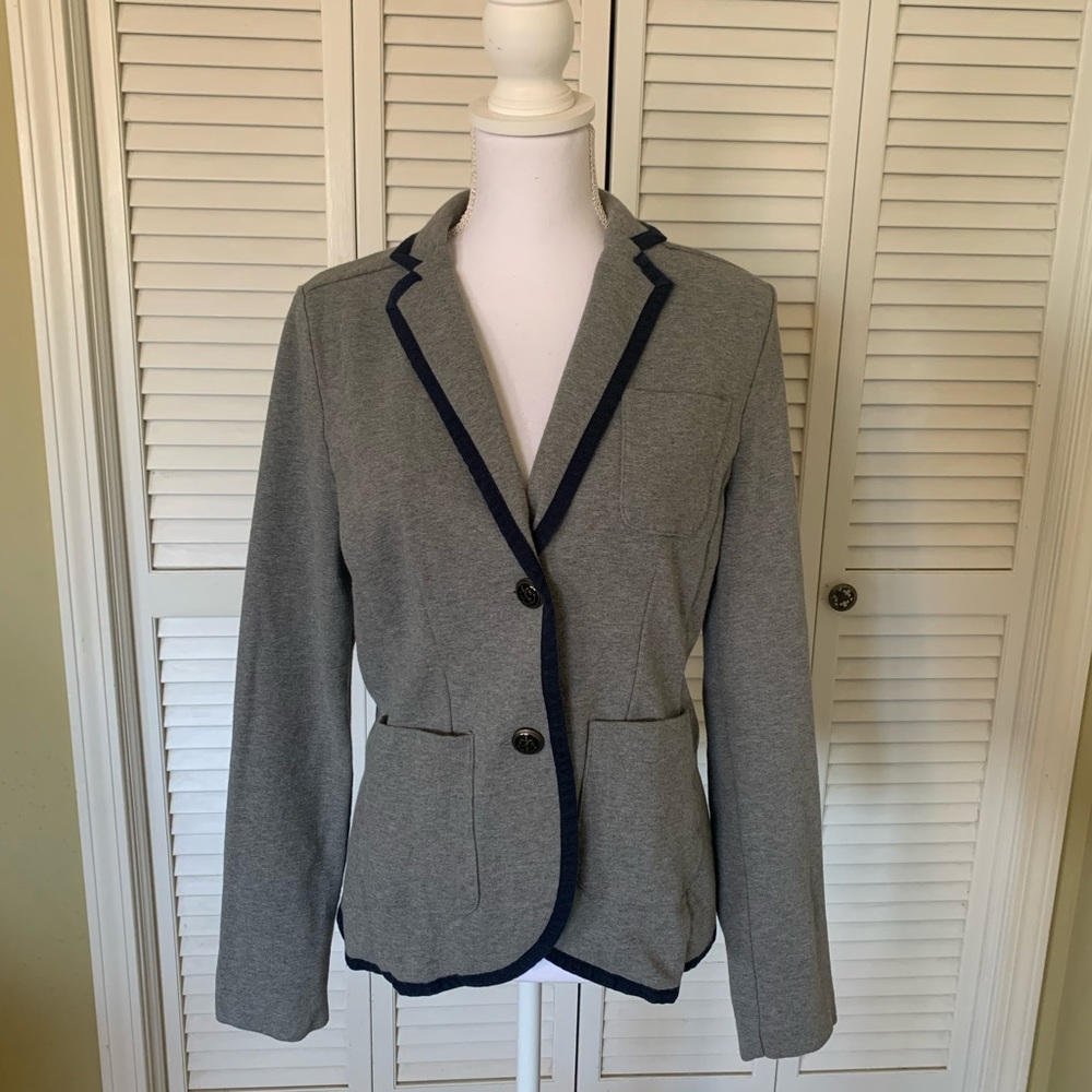 Lands’ End Women's Gray Knit Blazer with Navy Trim Size 6 Tall